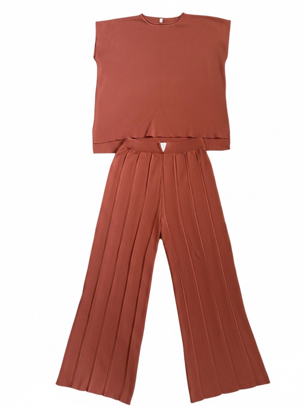 Relaxed Wide-Leg Knit Pants Set in Terracotta